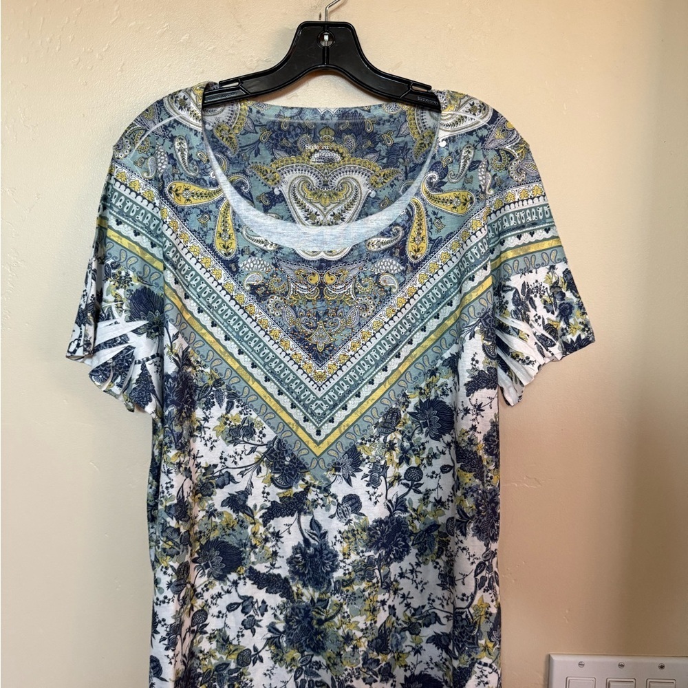 Style & Co. Paisley and Floral Short Sleeve Top - Blue, Green, Yellow 3X
